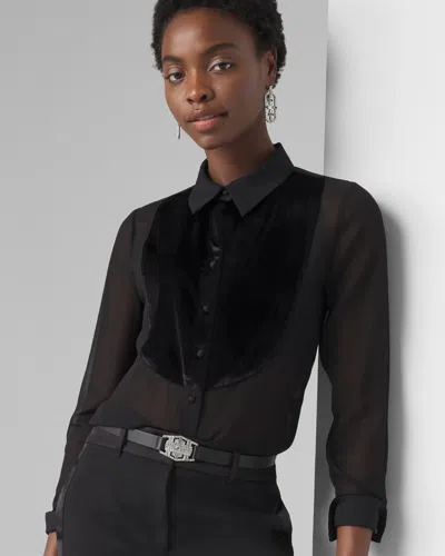 White House Black Market Petite Velvet & Chiffon Tuxedo Shirt In Black