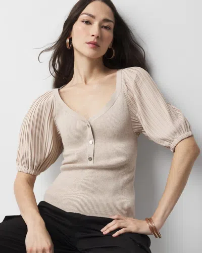 White House Black Market Pleated Puff-sleeve Henley Sweater In Heather Biscotti