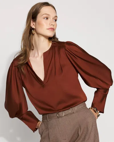 White House Black Market Pleated Sleeve Satin Blouse In Brown