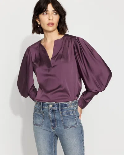 White House Black Market Pleated Sleeve Satin Blouse In Purple