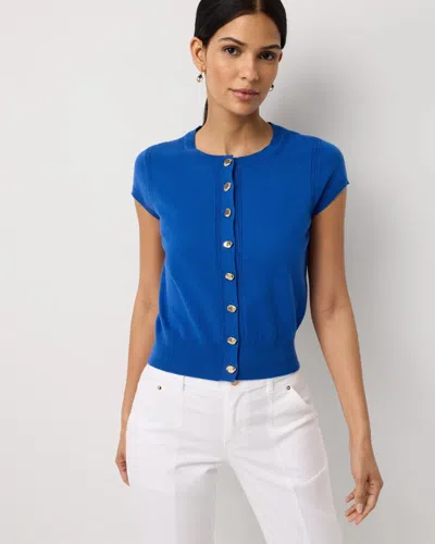 White House Black Market Pointelle Short Sleeve Cardigan Sweater In Blue