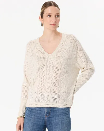 White House Black Market Pointelle V-neck Pullover Sweater In Heathered Antique White