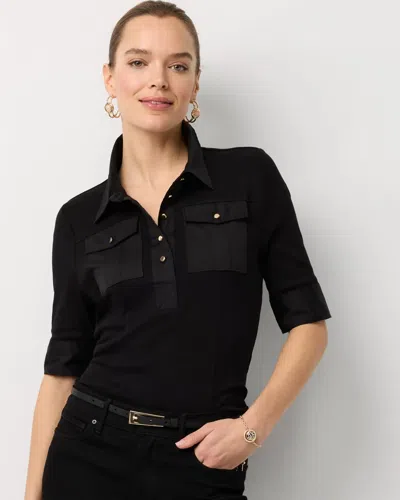 White House Black Market Poplin Detail Knit Polo Henley In Black