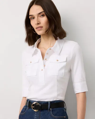 White House Black Market Poplin Detail Knit Polo Henley In White