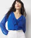 Shop White House Black Market Printed Ruffle Front Blouse In Brilliant Blue