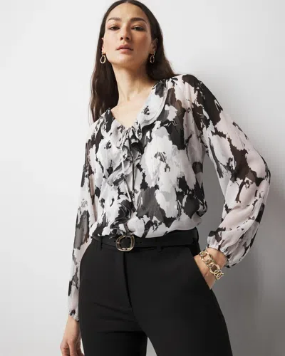 White House Black Market Printed Ruffle Front Blouse In Curio Garden Ecru