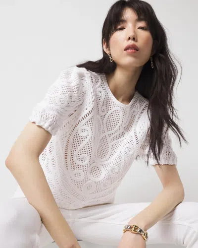 White House Black Market Puff Sleeve Crochet Sweater In White