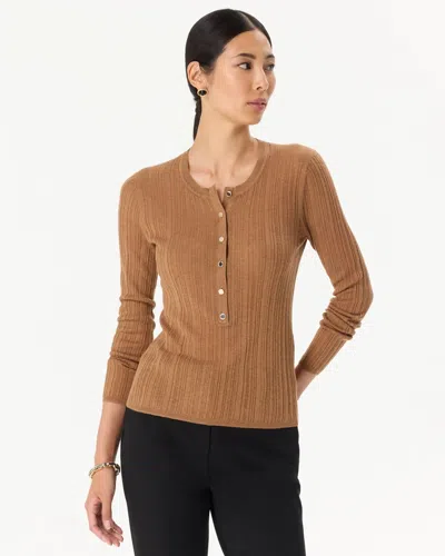 White House Black Market Ribbed Henley Sweater In Heathered Soft Camel