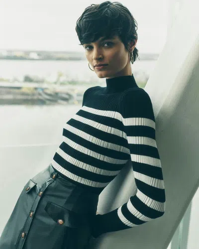 White House Black Market Ribbed Mockneck Sweater In Black/ecru Blocked Stripe
