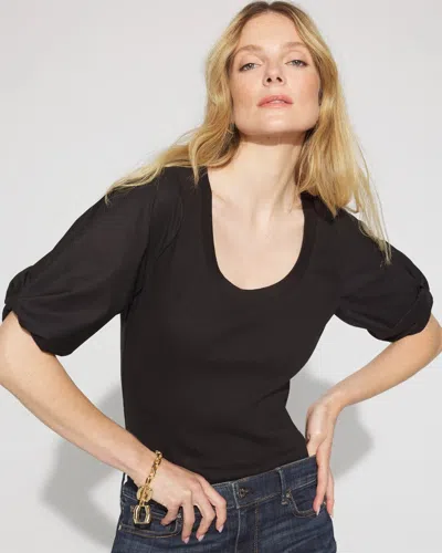 White House Black Market Ribbed Poplin Twist Sleeve Tee In Black