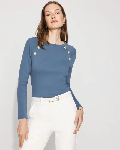 White House Black Market Ribbed Stretch Button Long-sleeve Tee In Blue