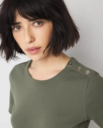White House Black Market Ribbed Stretch Button Shoulder Tee In Forever Olive