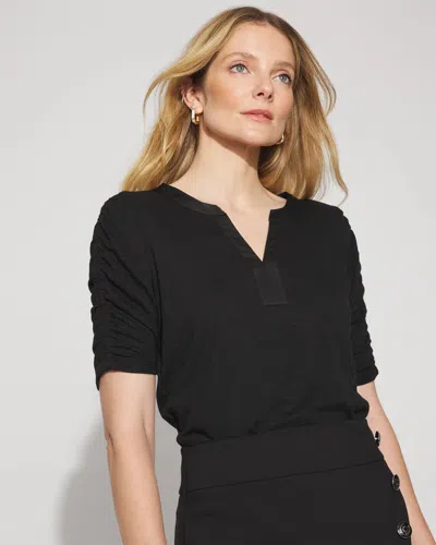 White House Black Market Ruched Sleeve Cotton + Modal Tee In Black