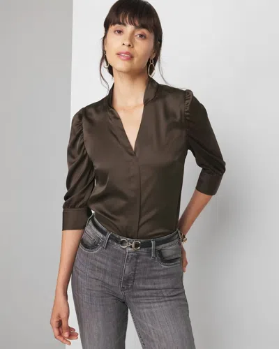 White House Black Market Ruched Sleeve Y-neck Shirt In Sergeant