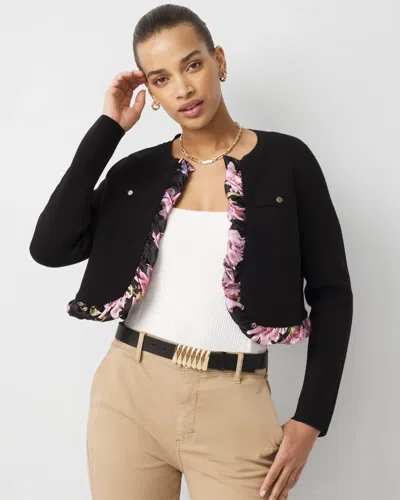 White House Black Market Satin Trim Cropped Cardigan Sweater In Black