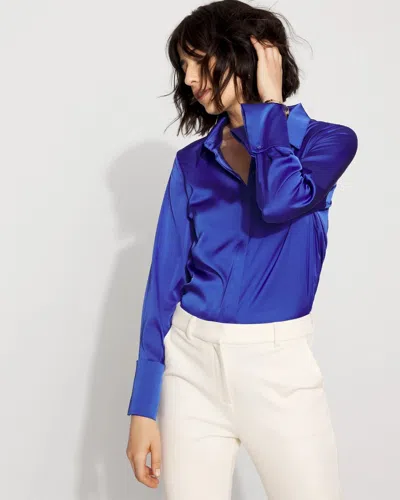 White House Black Market Satin Tuxedo Cuff Shirt In Blue