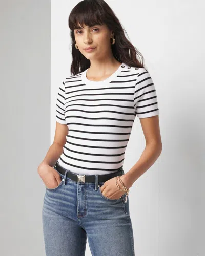 White House Black Market Short Sleeve Button Shoulder Tee In Vast Stripe White