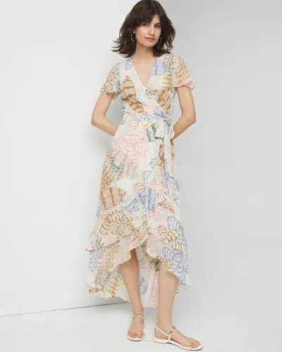 White House Black Market Short Sleeve Flutter Wrap Midi Dress In Tropic Bliss Ecru