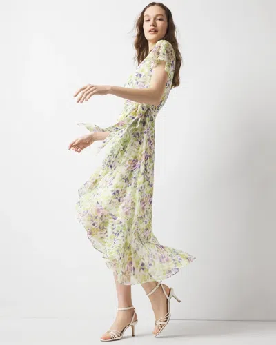 White House Black Market Short Sleeve Flutter Wrap Midi Dress In Water Petals Ecru