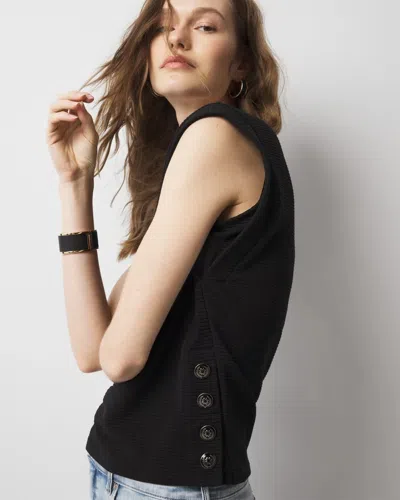 White House Black Market Side-button Ribbed Crewneck Top In Black
