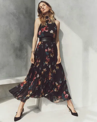 White House Black Market Sleeveless Pleated Halter Midi Dress In Kasuri Floral Black