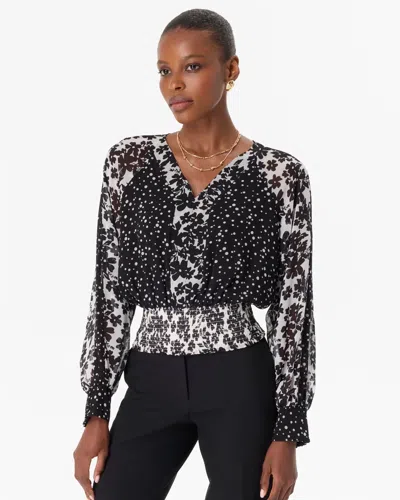 White House Black Market Smocked Waist Chiffon Blouse In Floral Mix Black