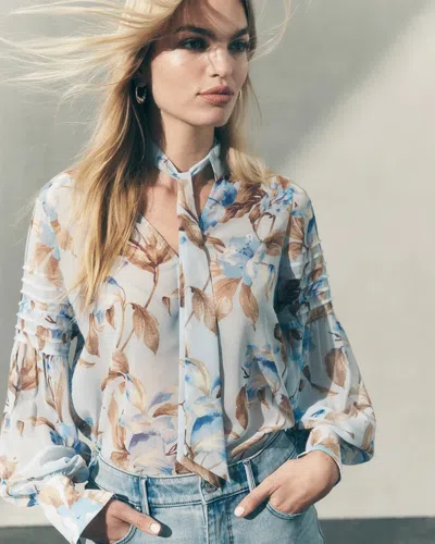 White House Black Market Tie Neck Chiffon Blouse In Marissa Floral Ice Water