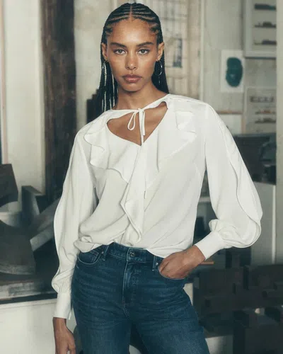 White House Black Market Tie-neck Ruffle Blouse In White