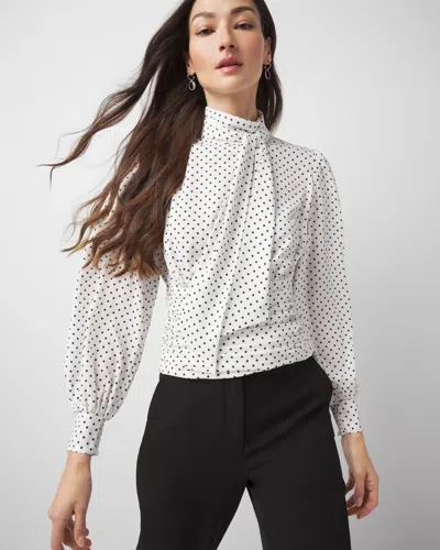 White House Black Market Tie-neck Shirred Blouse In Grove Dot Ecru Black