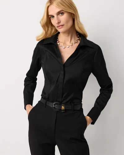 White House Black Market Y-neck Poplin Shirt In Black