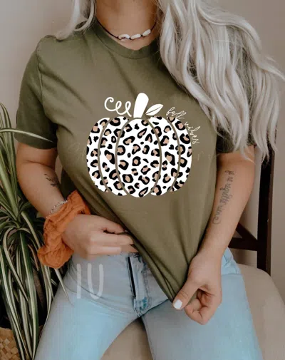 White Label Fall Vibes Leopard Pumpkin Tee In Olive In Green
