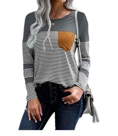 White Label Stripes And Suede Pocket Top In Grey In Gray