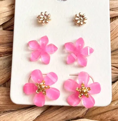 White Label Women's Trio Floral Stud Earrings In Hot Pink In Burgundy