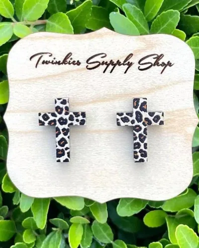 White Label Women's Wooden Leopard Cross Studs Earrings In Black In Multi