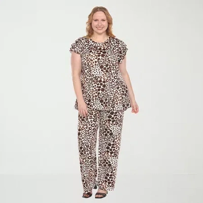 White Mark 2-pc. Leopard Pant Set-plus In Brown