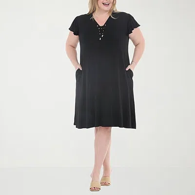 White Mark Button Front Tiered Womens Plus Short Sleeve Swing Dresses In Black