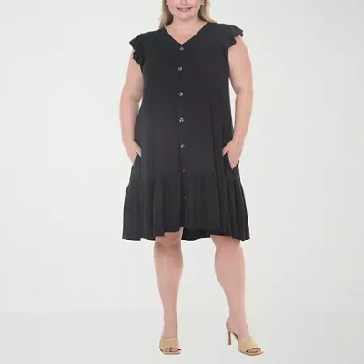 White Mark Button Front Womens Plus Short Sleeve Swing Dresses In Black