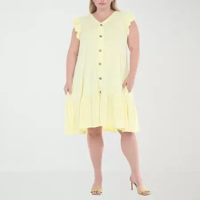 White Mark Button Front Womens Plus Short Sleeve Swing Dresses In Gold