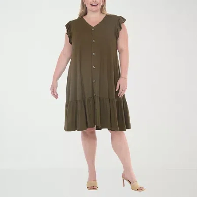 White Mark Button Front Womens Plus Short Sleeve Swing Dresses In Green