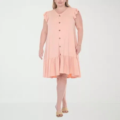 White Mark Button Front Womens Plus Short Sleeve Swing Dresses In Pink