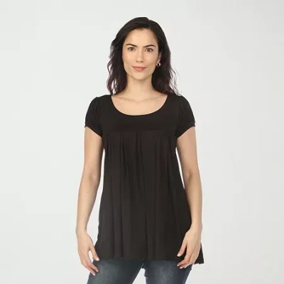 White Mark Cap Sleeve Pleated Womens Crew Neck Short Sleeve Tunic Top In Black
