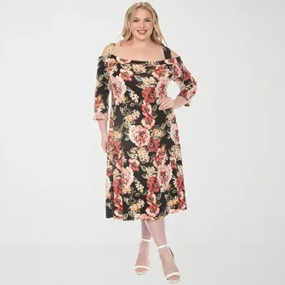 White Mark Cold Shoulder 3/4 Sleeve Womens Plus 3/4 Sleeve Midi Floral A-line Dress In Black