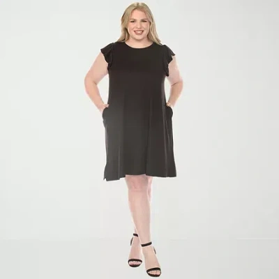 White Mark Crew Neck Ruffle Sleeve Womens Plus Short Sleeve Shift Dress In Black
