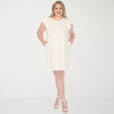 White Mark Crew Neck Ruffle Sleeve Womens Plus Short Sleeve Shift Dress In White