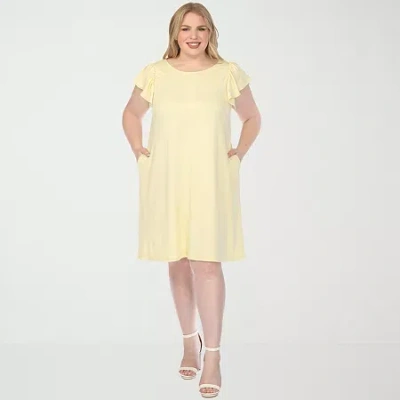 White Mark Crew Neck Ruffle Sleeve Womens Plus Short Sleeve Shift Dress In Yellow