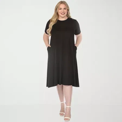 White Mark Crew Neck Womens Plus Short Sleeve Midi T-shirt Dress In Black