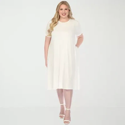 White Mark Crew Neck Womens Plus Short Sleeve Midi T-shirt Dress In White