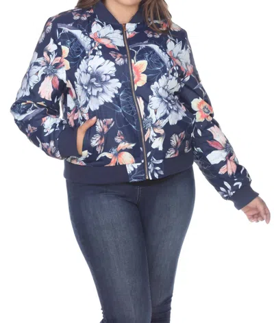 White Mark Floral Bomber Jacket - Plus Size In Navy In Blue