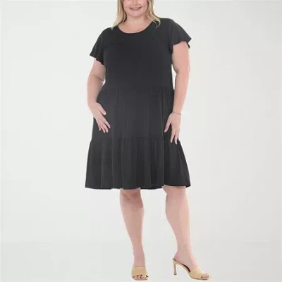 White Mark Flutter Womens Plus Scoop Neck Short Sleeve A-line Dress In Black