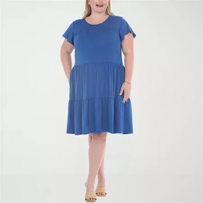 White Mark Flutter Womens Plus Scoop Neck Short Sleeve A-line Dress In Blue